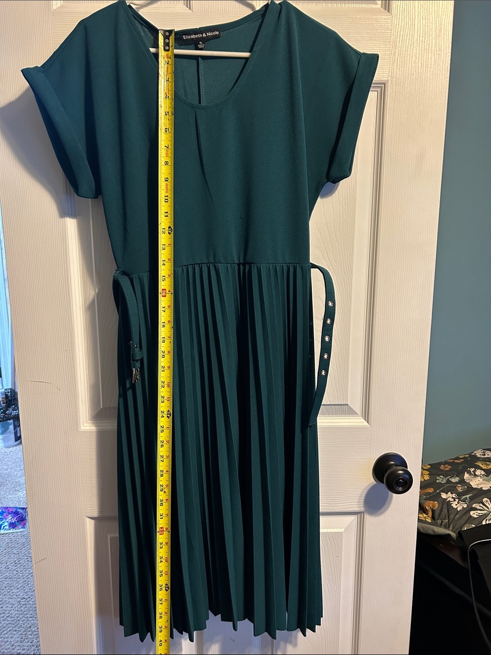 Green Pleated Midi Dress with Belt